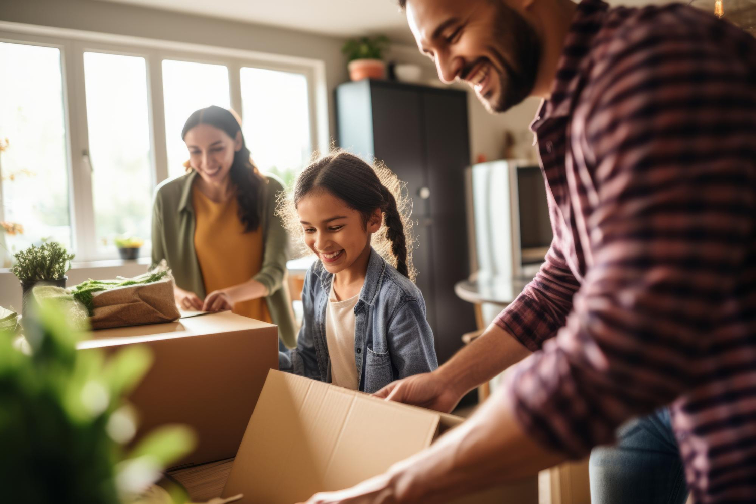 Une famille joyeuse en train de déménager dans leur nouvelle maison, illustrant parfaitement le processus de déménagement, y compris la mise en place d'un système de garde alternée efficace.