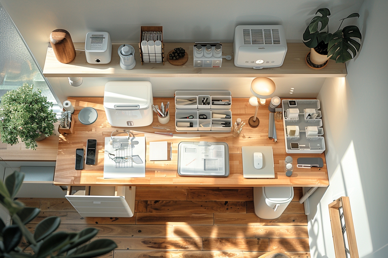 Aménagement élégant et fonctionnel d'un coin bureau dans un petit appartement optimisant l'espace disponible