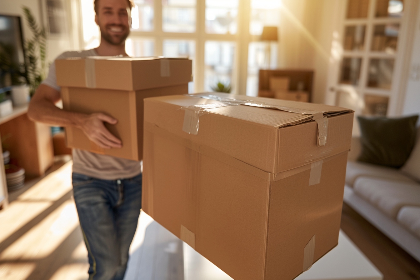 Personnes souriantes portant des cartons lors d'un déménagement sans camion à Angers, illustrant une méthode facile et économique