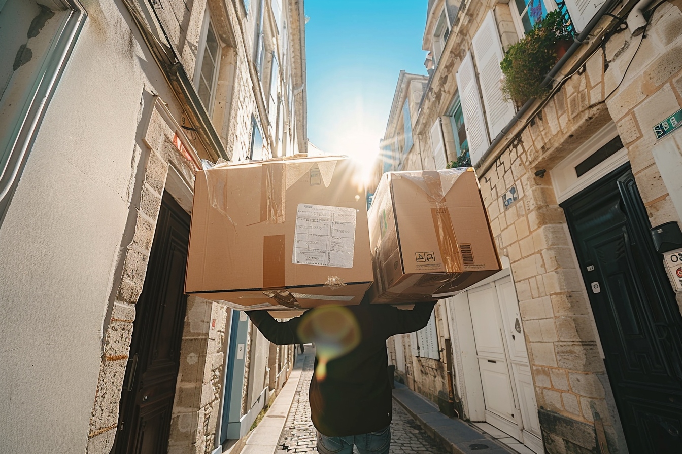 Personnes effectuant un déménagement sans camion à Angers en utilisant des brouettes et des chariots pour transporter des boîtes et des meubles, illustrant une méthode de déménagement innovante et sans effort.